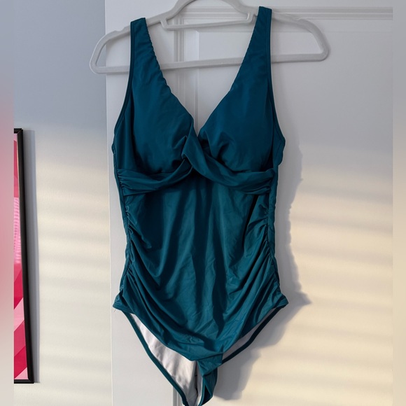 Women’s Solid Ruched V neck swimsuit twist bathing suit teal green large - Picture 2 of 7